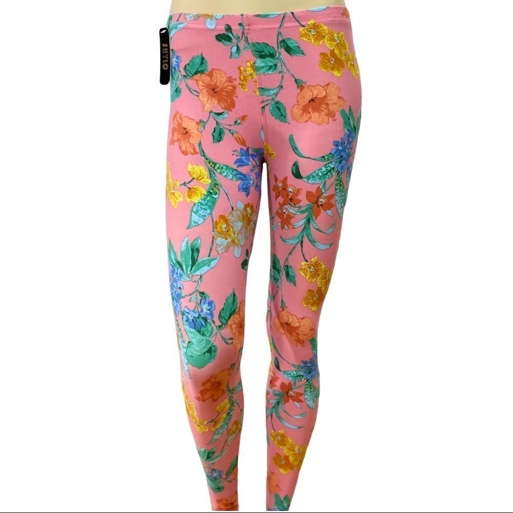 NEW Pink Floral Elastic Waisted Soft Brushed Leggings Pants by Shylo